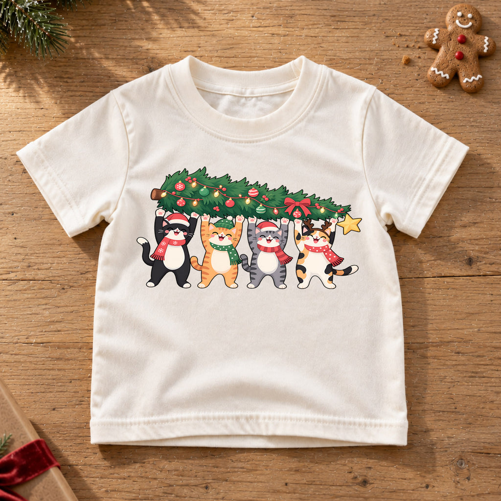 Christmas Cats Kids Shirt, Four Cute Cats Holding Christmas Tree Tee, Funny Cat Lover Holiday Gift — product view 6