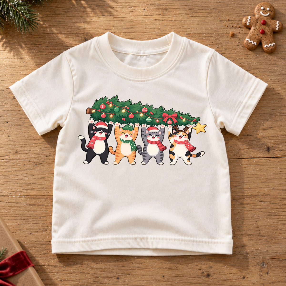 Christmas Cats Kids Shirt, Four Cute Cats Holding Christmas Tree Tee, Funny Cat Lover Holiday Gift — product view 6