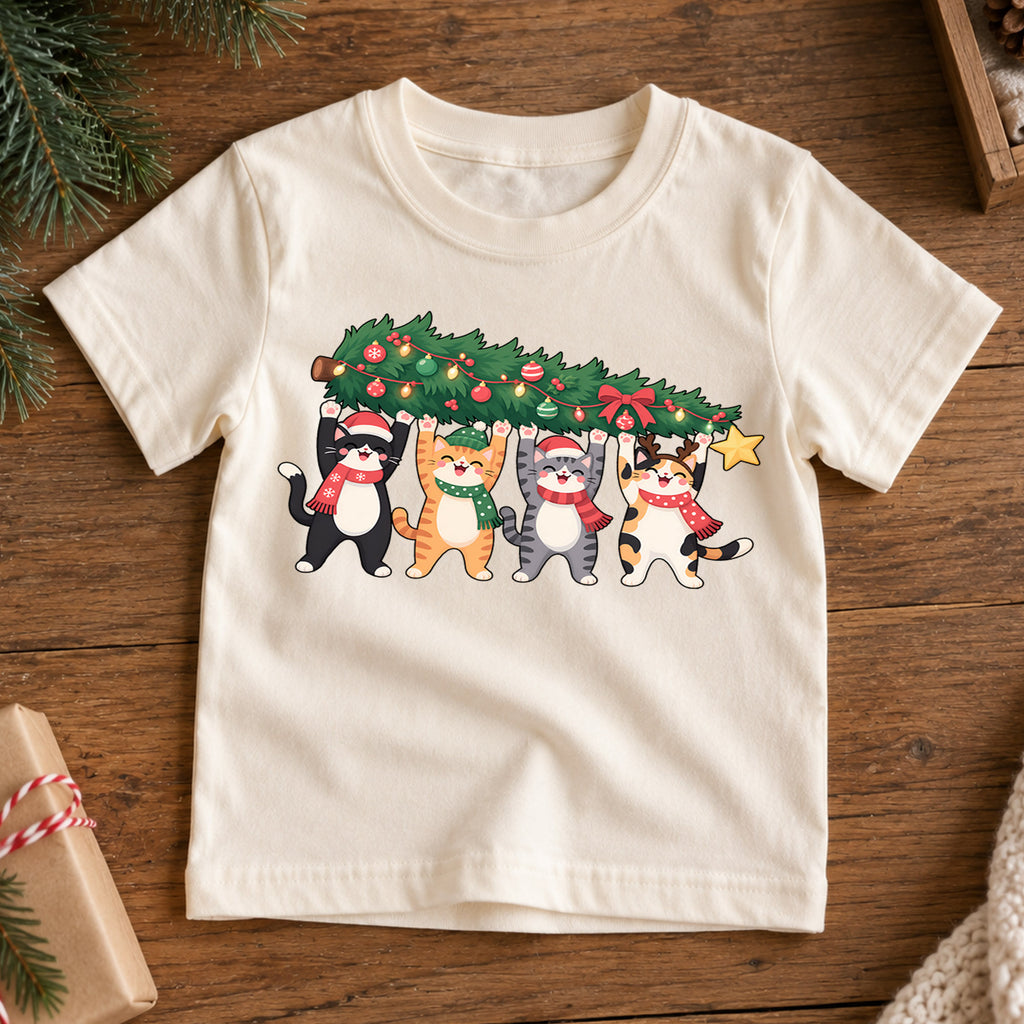 Christmas Cats Kids Shirt, Four Cute Cats Holding Christmas Tree Tee, Funny Cat Lover Holiday Gift — product view 7