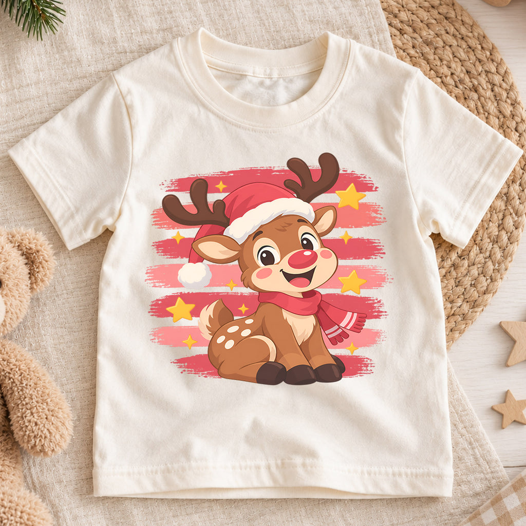 Cute Reindeer Kids Christmas Shirt, Santa Hat Reindeer Holiday Tee, Festive Winter Outfit for Toddlers — product view 1