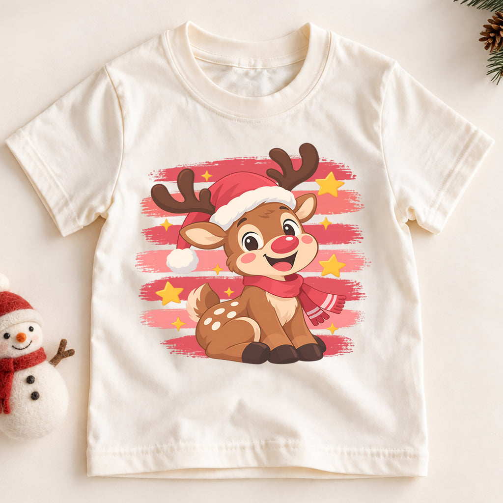 Cute Reindeer Kids Christmas Shirt, Santa Hat Reindeer Holiday Tee, Festive Winter Outfit for Toddlers — product view 2