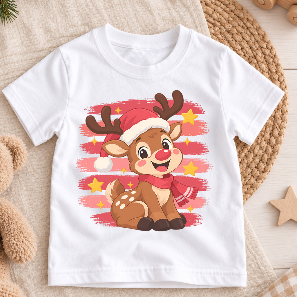 Cute Reindeer Kids Christmas Shirt, Santa Hat Reindeer Holiday Tee, Festive Winter Outfit for Toddlers — product view 3