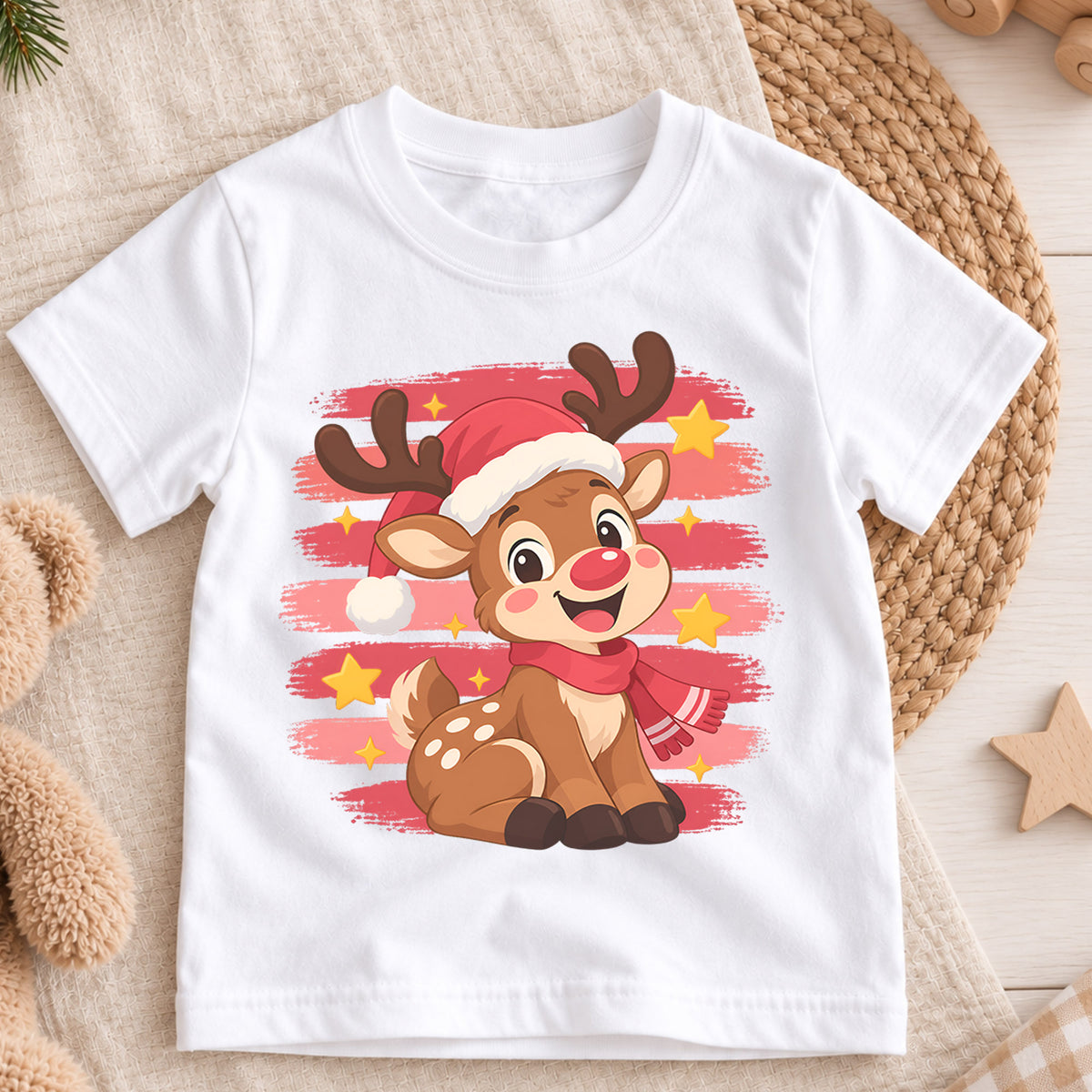 Cute Reindeer Kids Christmas Shirt, Santa Hat Reindeer Holiday Tee, Festive Winter Outfit for Toddlers — product view 3