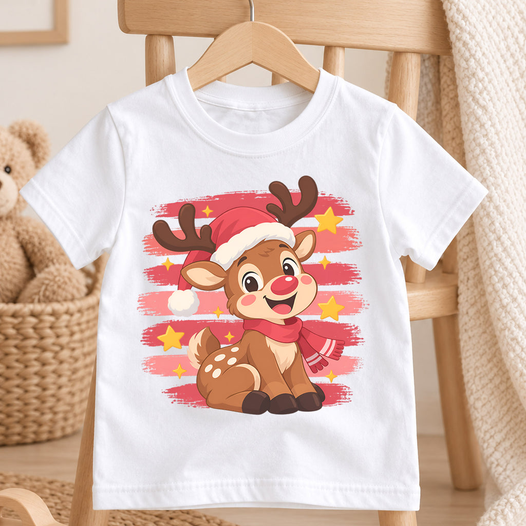 Cute Reindeer Kids Christmas Shirt, Santa Hat Reindeer Holiday Tee, Festive Winter Outfit for Toddlers — product view 4
