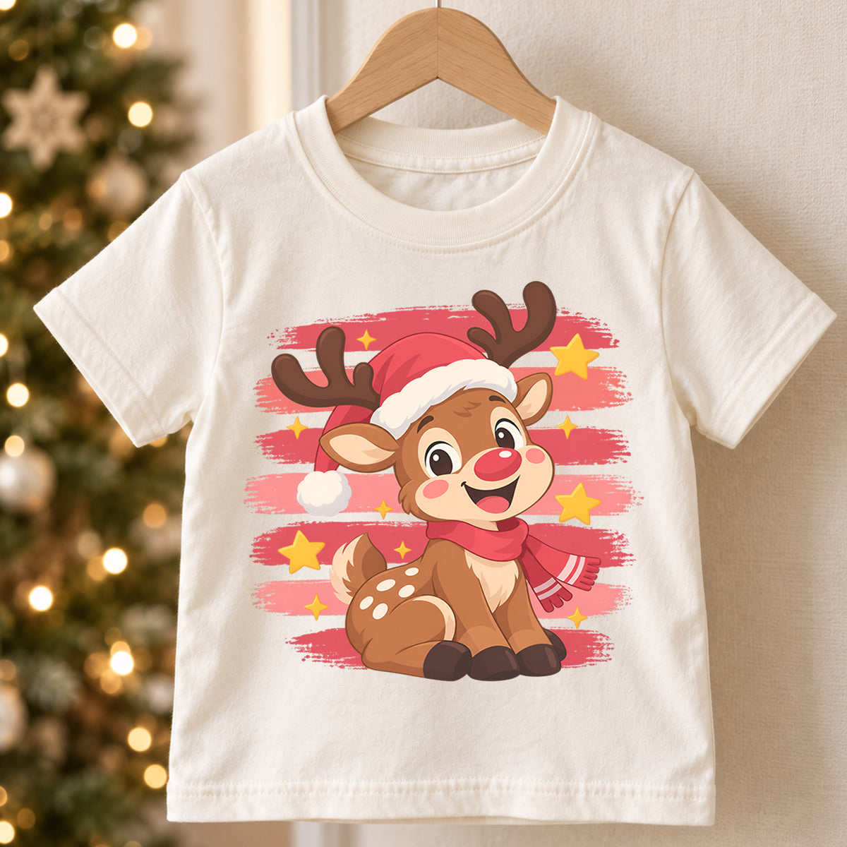 Cute Reindeer Kids Christmas Shirt, Santa Hat Reindeer Holiday Tee, Festive Winter Outfit for Toddlers — product view 5