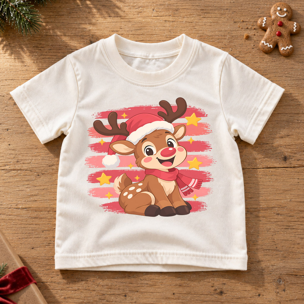 Cute Reindeer Kids Christmas Shirt, Santa Hat Reindeer Holiday Tee, Festive Winter Outfit for Toddlers — product view 6