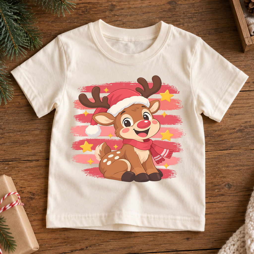 Cute Reindeer Kids Christmas Shirt, Santa Hat Reindeer Holiday Tee, Festive Winter Outfit for Toddlers — product view 7