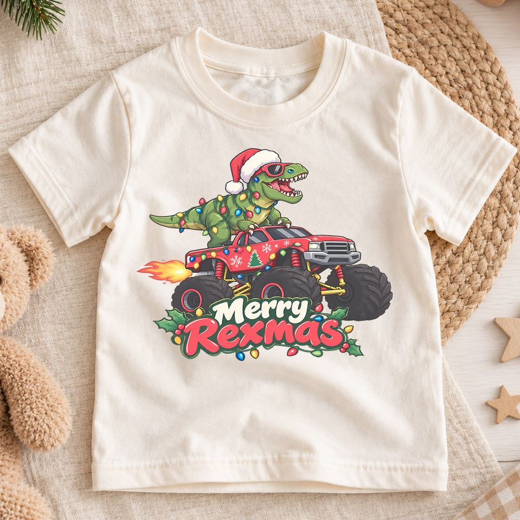 Merry Rexmas Dinosaur Kids Christmas Shirt, T Rex Monster Truck Holiday Tee, Funny Dino Gift for Kids — product view 1