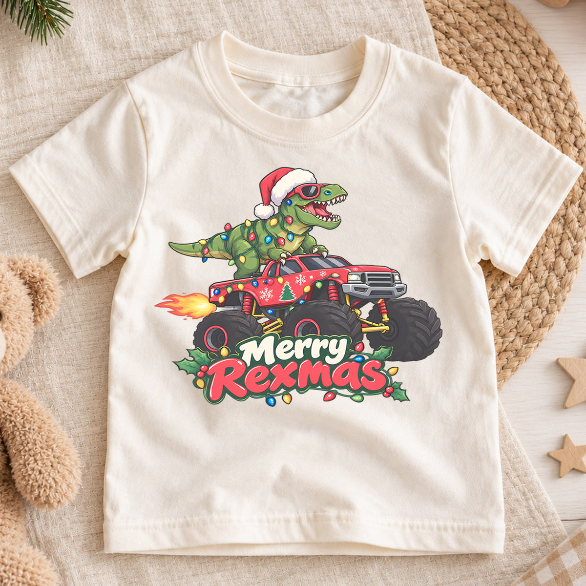 Merry Rexmas Dinosaur Kids Christmas Shirt, T Rex Monster Truck Holiday Tee, Funny Dino Gift for Kids — product view 1