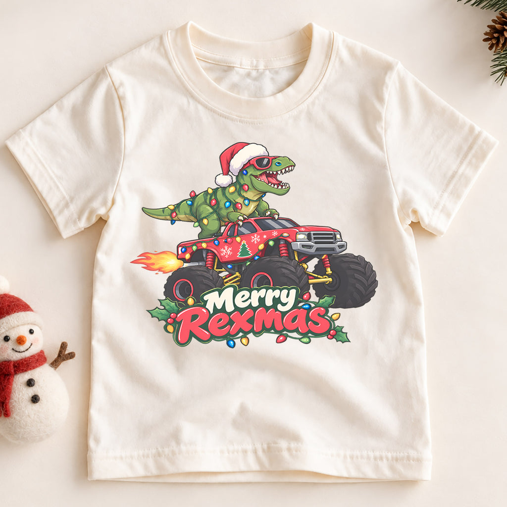 Merry Rexmas Dinosaur Kids Christmas Shirt, T Rex Monster Truck Holiday Tee, Funny Dino Gift for Kids — product view 2