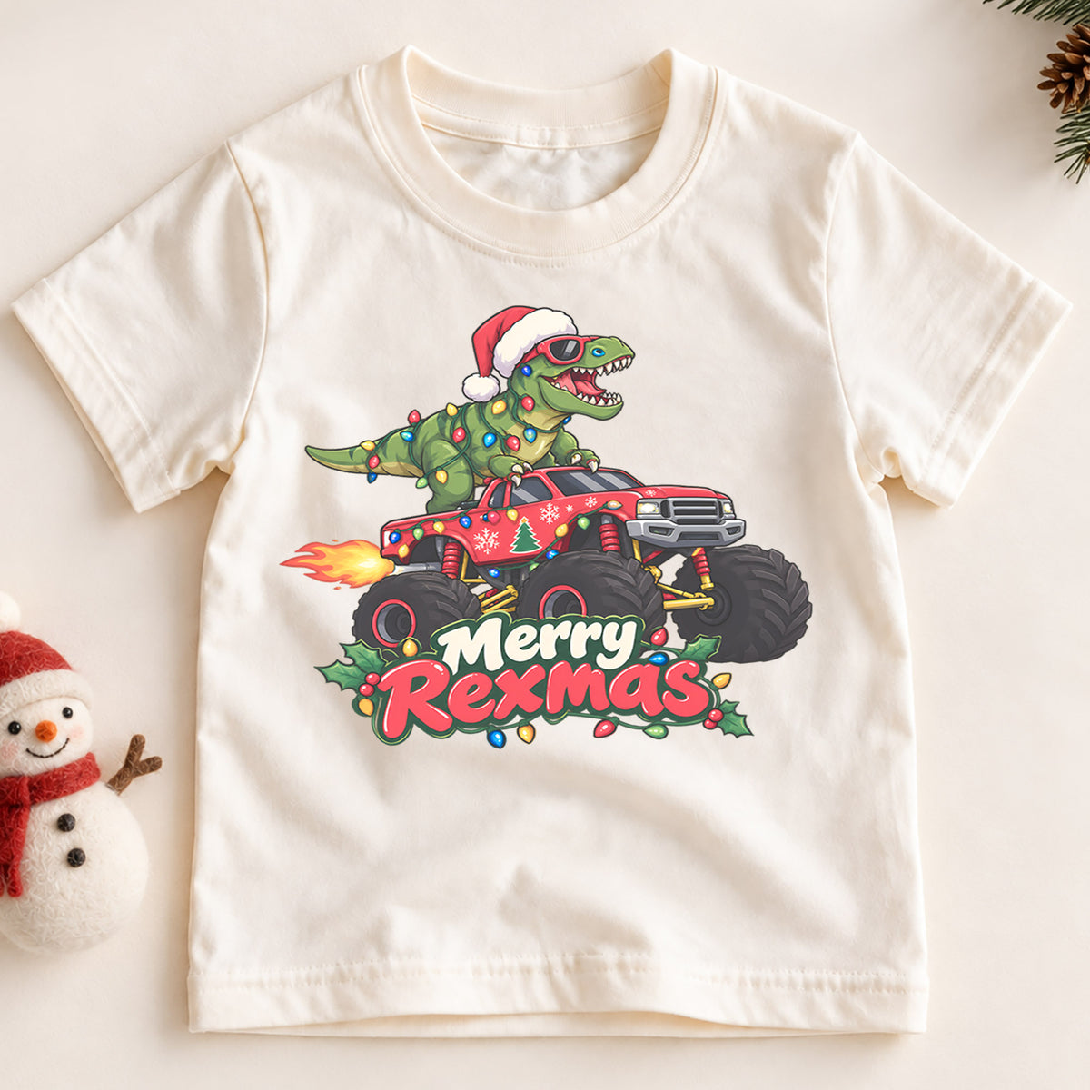 Merry Rexmas Dinosaur Kids Christmas Shirt, T Rex Monster Truck Holiday Tee, Funny Dino Gift for Kids — product view 2