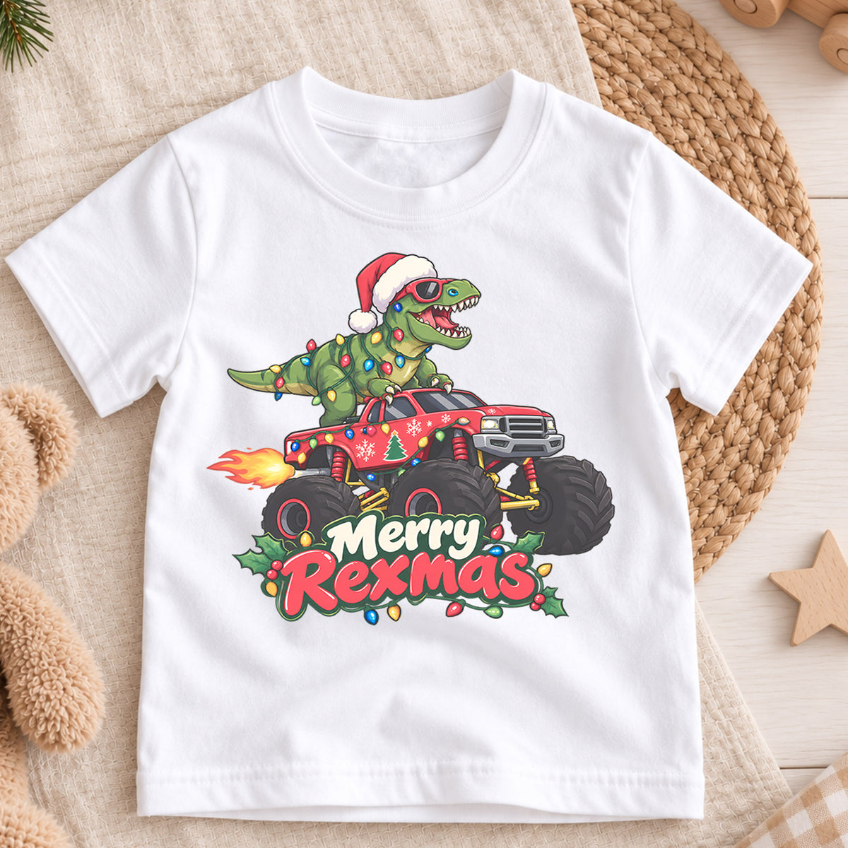 Merry Rexmas Dinosaur Kids Christmas Shirt, T Rex Monster Truck Holiday Tee, Funny Dino Gift for Kids — product view 3