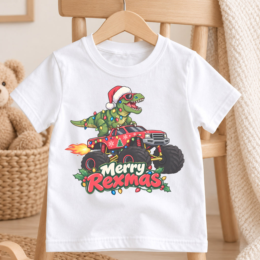 Merry Rexmas Dinosaur Kids Christmas Shirt, T Rex Monster Truck Holiday Tee, Funny Dino Gift for Kids — product view 4