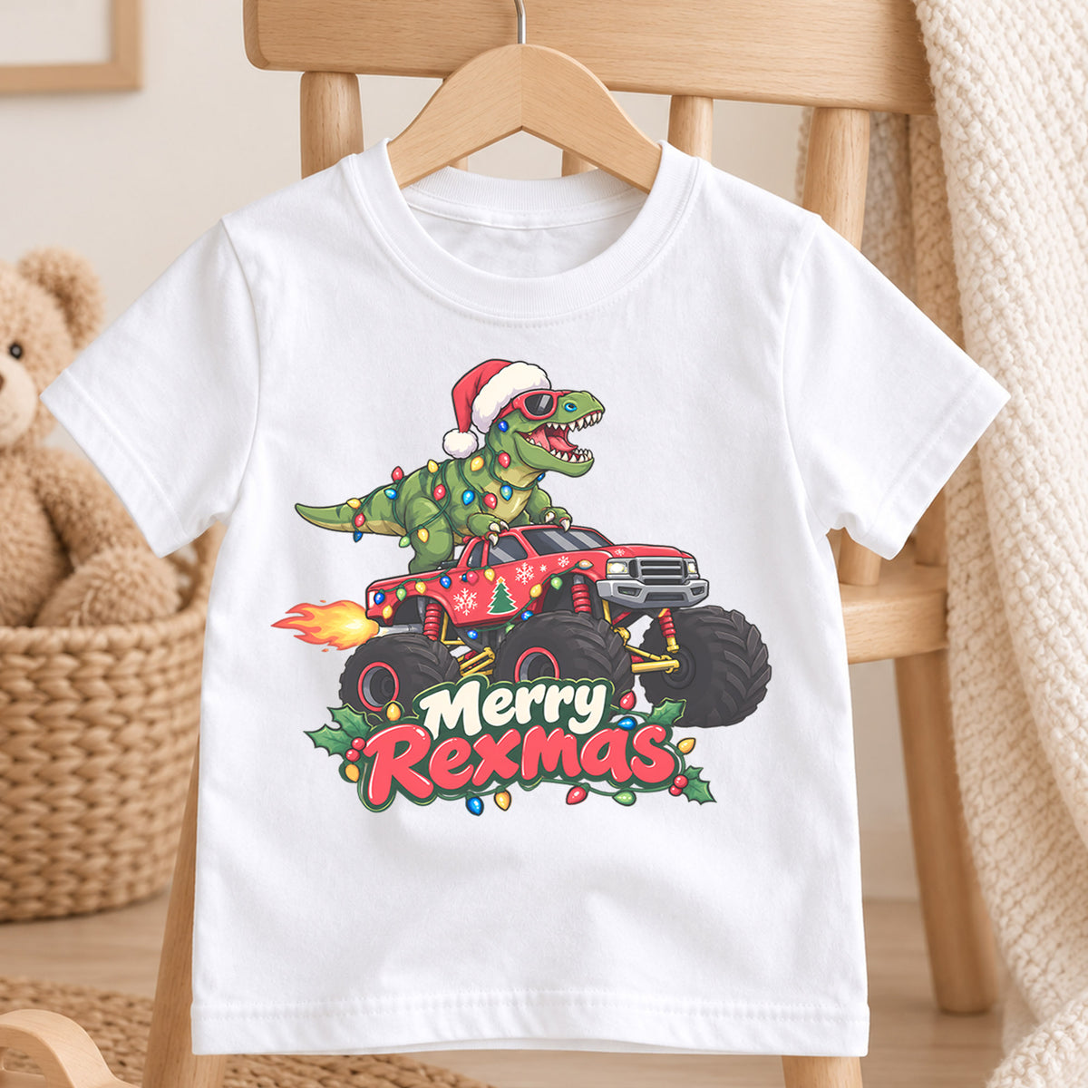 Merry Rexmas Dinosaur Kids Christmas Shirt, T Rex Monster Truck Holiday Tee, Funny Dino Gift for Kids — product view 4