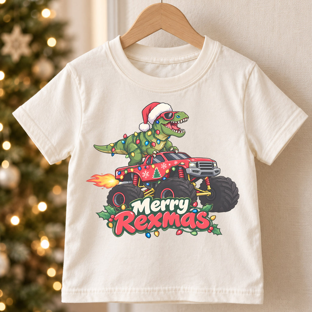 Merry Rexmas Dinosaur Kids Christmas Shirt, T Rex Monster Truck Holiday Tee, Funny Dino Gift for Kids — product view 5