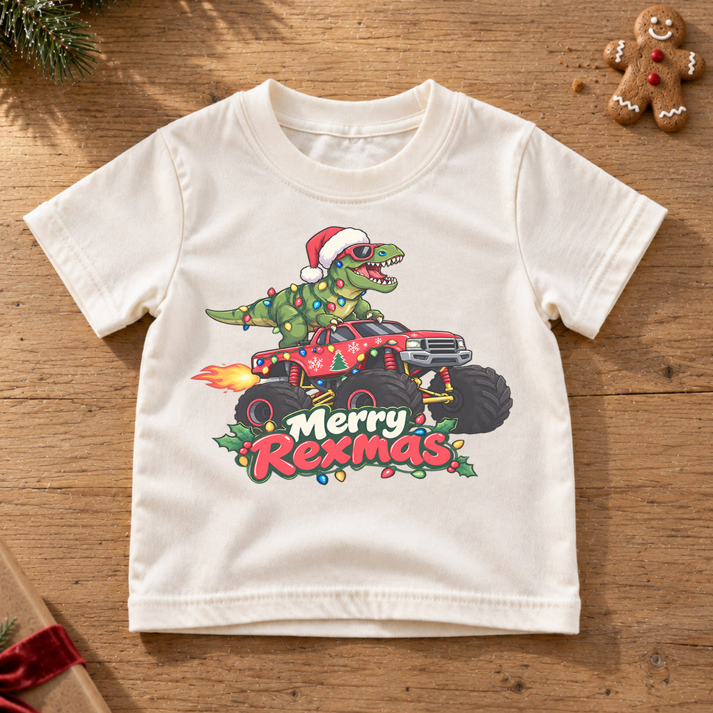 Merry Rexmas Dinosaur Kids Christmas Shirt, T Rex Monster Truck Holiday Tee, Funny Dino Gift for Kids — product view 6