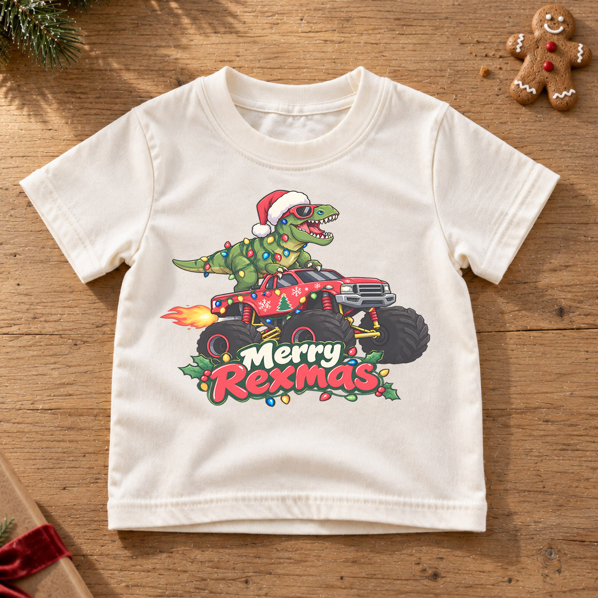 Merry Rexmas Dinosaur Kids Christmas Shirt, T Rex Monster Truck Holiday Tee, Funny Dino Gift for Kids — product view 6