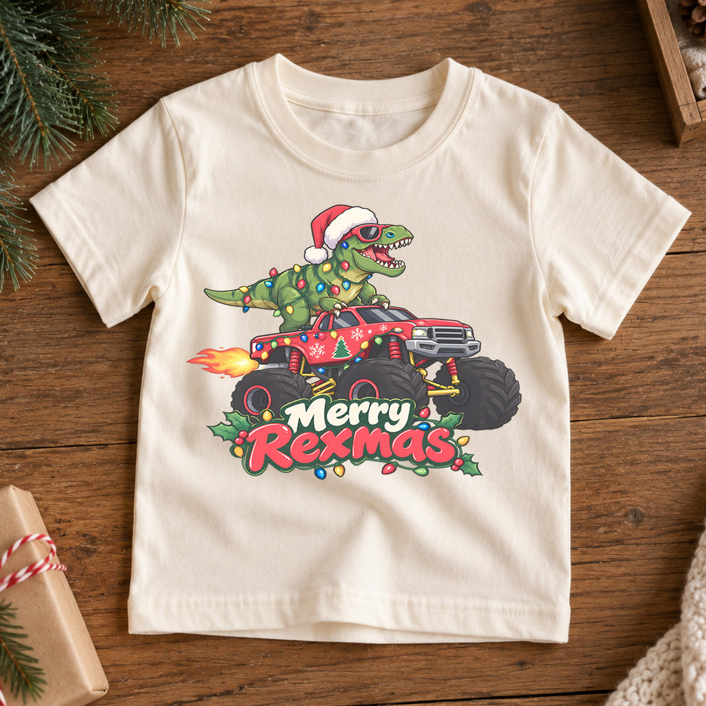 Merry Rexmas Dinosaur Kids Christmas Shirt, T Rex Monster Truck Holiday Tee, Funny Dino Gift for Kids — product view 7