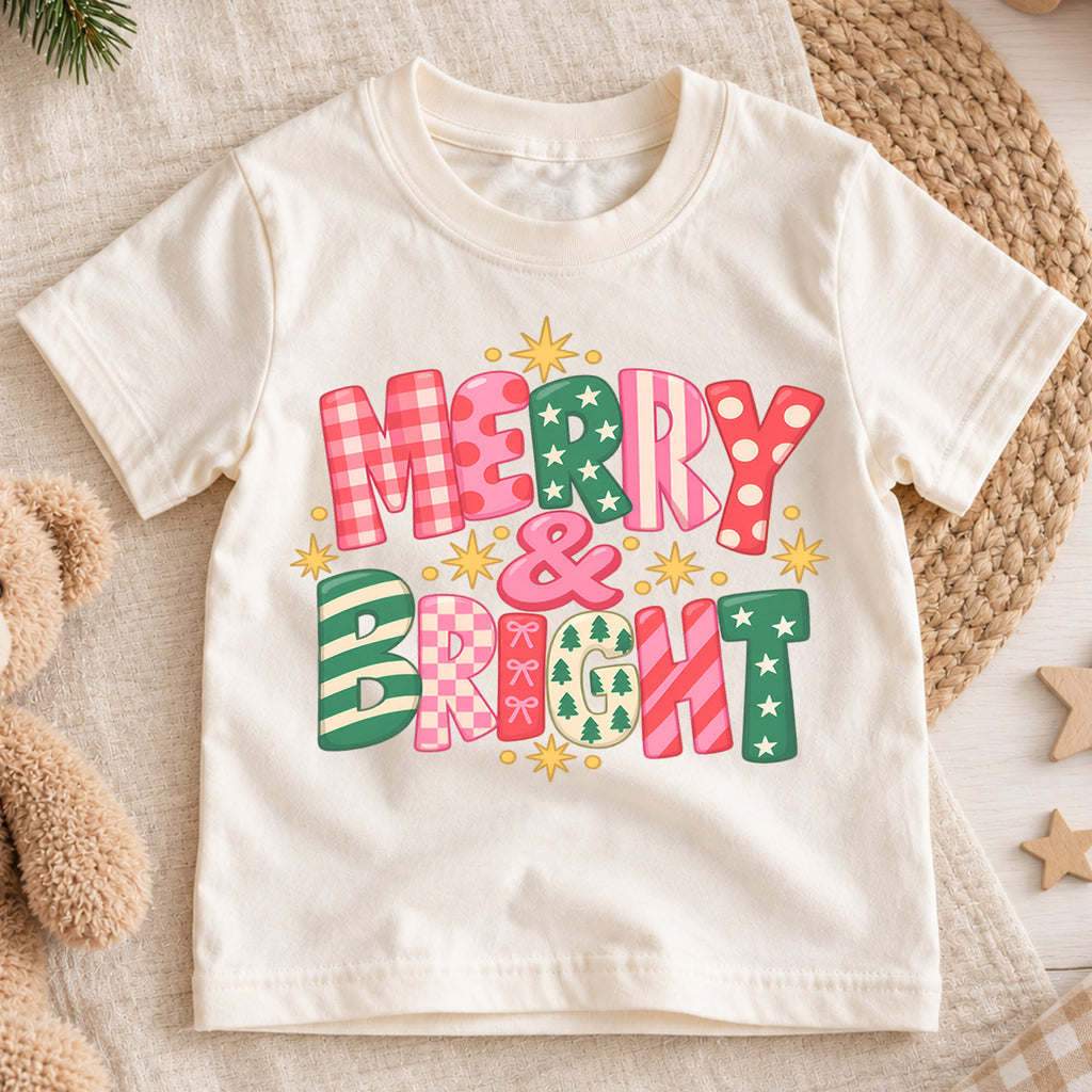 Merry and Bright Kids Christmas Shirt, Colorful Retro Holiday Lettering Tee, Festive Toddler Xmas Gift — product view 1