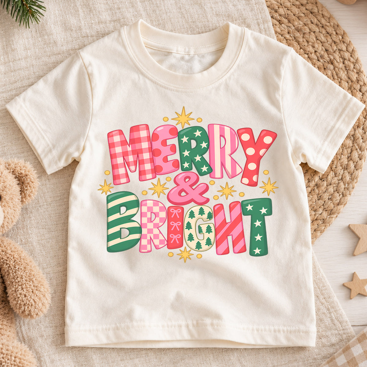Merry and Bright Kids Christmas Shirt, Colorful Retro Holiday Lettering Tee, Festive Toddler Xmas Gift — product view 1
