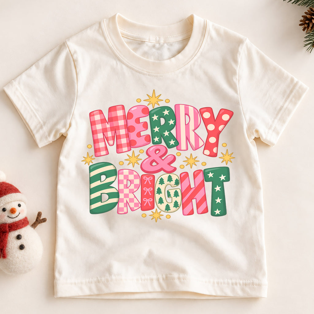 Merry and Bright Kids Christmas Shirt, Colorful Retro Holiday Lettering Tee, Festive Toddler Xmas Gift — product view 2
