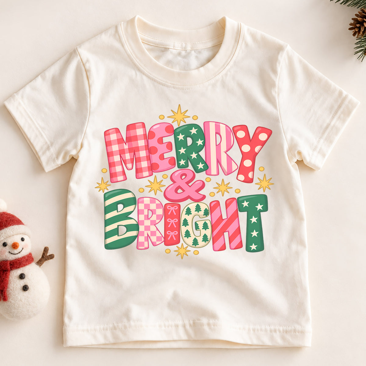 Merry and Bright Kids Christmas Shirt, Colorful Retro Holiday Lettering Tee, Festive Toddler Xmas Gift — product view 2