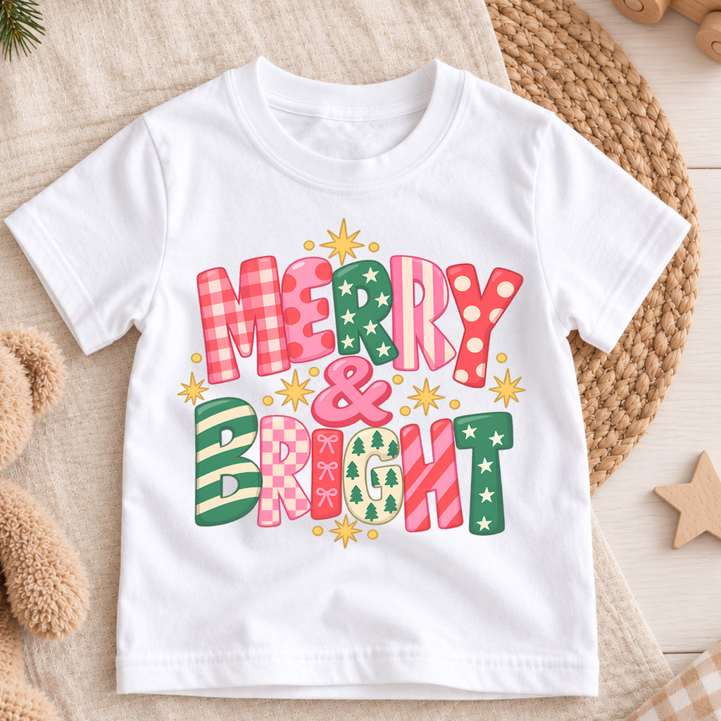Merry and Bright Kids Christmas Shirt, Colorful Retro Holiday Lettering Tee, Festive Toddler Xmas Gift — product view 3