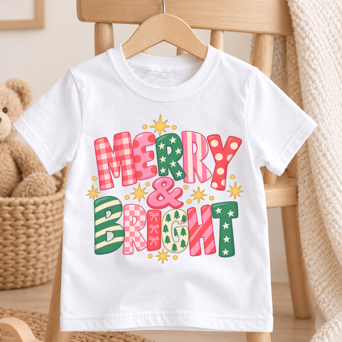 Merry and Bright Kids Christmas Shirt, Colorful Retro Holiday Lettering Tee, Festive Toddler Xmas Gift — product view 4