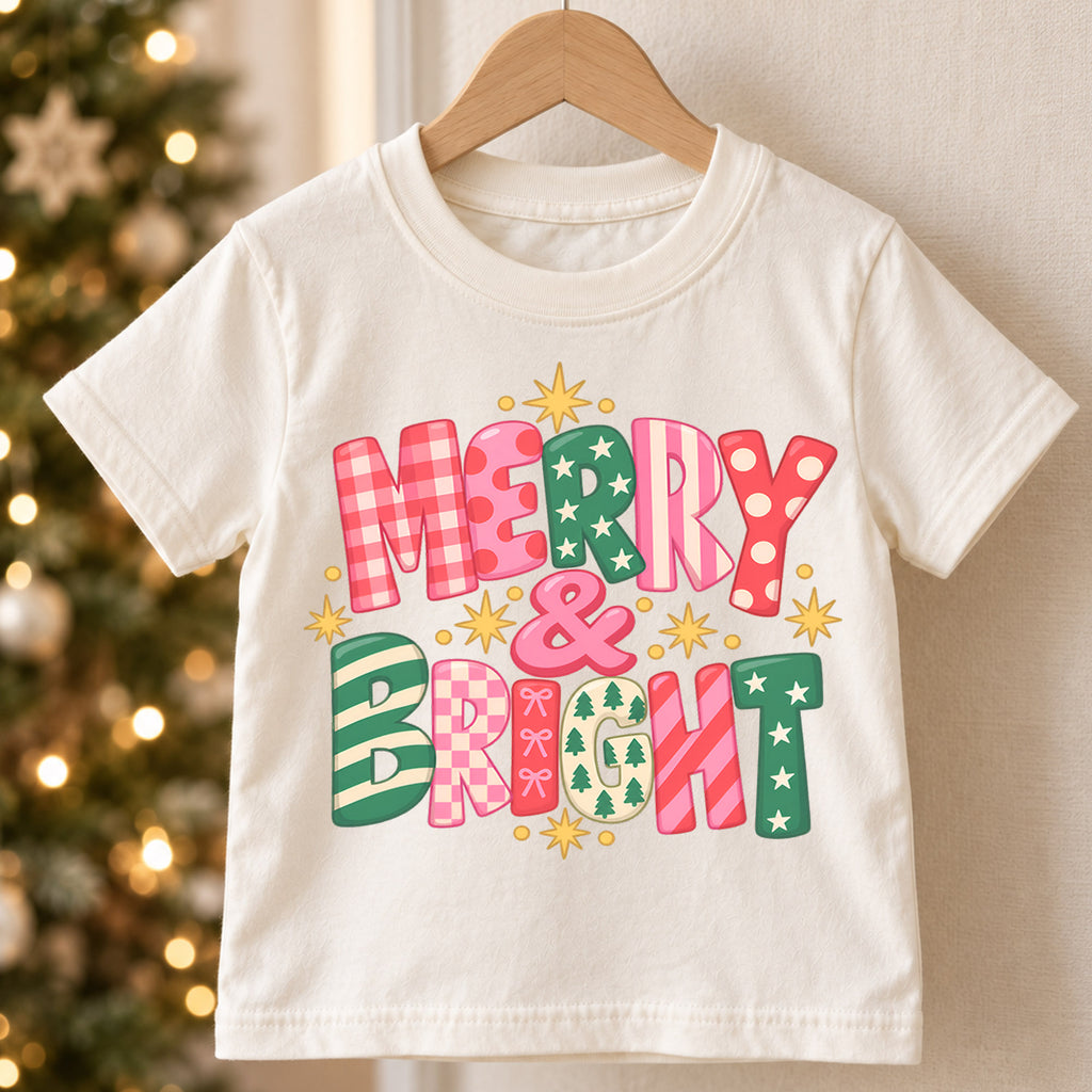 Merry and Bright Kids Christmas Shirt, Colorful Retro Holiday Lettering Tee, Festive Toddler Xmas Gift — product view 5