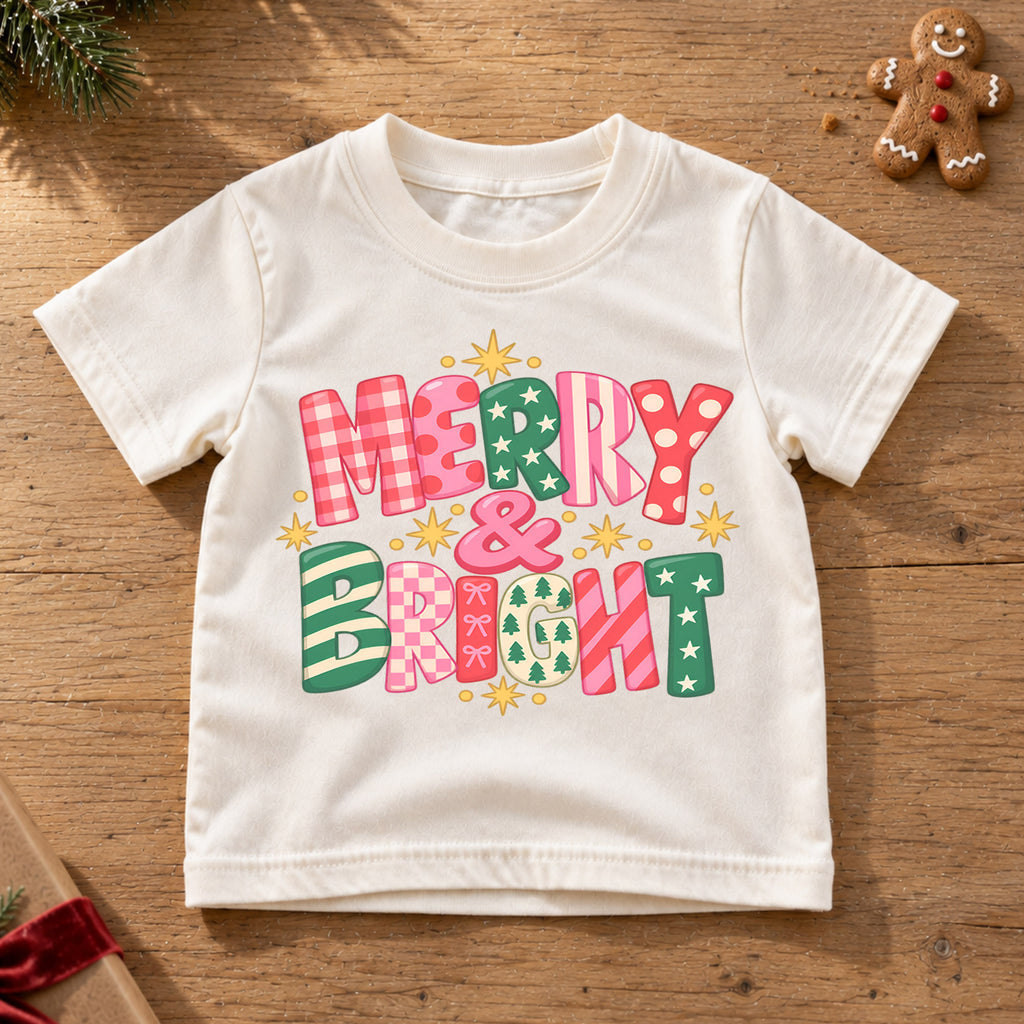 Merry and Bright Kids Christmas Shirt, Colorful Retro Holiday Lettering Tee, Festive Toddler Xmas Gift — product view 6
