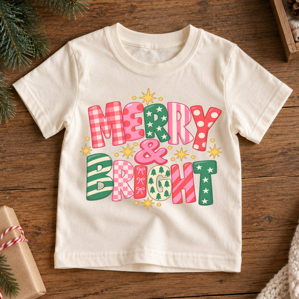 Merry and Bright Kids Christmas Shirt, Colorful Retro Holiday Lettering Tee, Festive Toddler Xmas Gift — product view 7