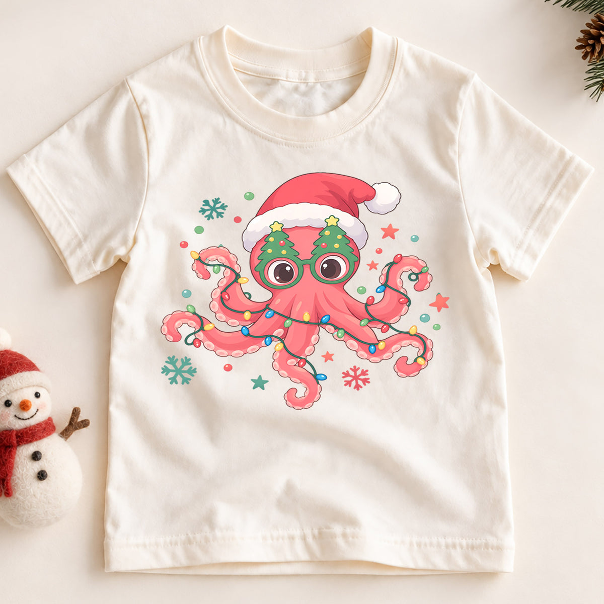 Christmas Octopus Kids T-Shirt, Cute Santa Octopus Holiday Shirt, Funny Ocean Animal Christmas Outfit, Toddler Xmas Gift — product view 2