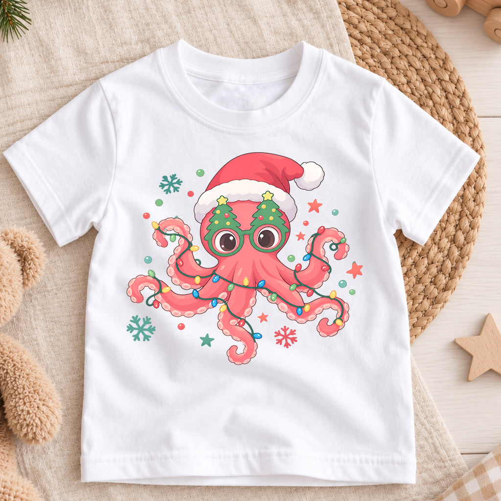 Christmas Octopus Kids T-Shirt, Cute Santa Octopus Holiday Shirt, Funny Ocean Animal Christmas Outfit, Toddler Xmas Gift — product view 3