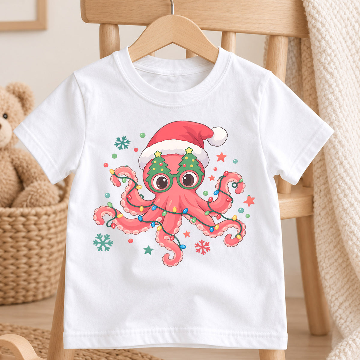 Christmas Octopus Kids T-Shirt, Cute Santa Octopus Holiday Shirt, Funny Ocean Animal Christmas Outfit, Toddler Xmas Gift — product view 4