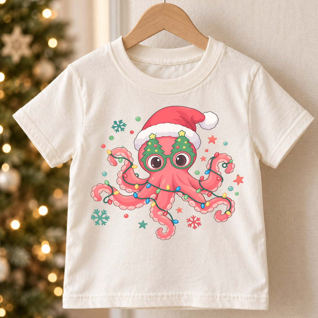 Christmas Octopus Kids T-Shirt, Cute Santa Octopus Holiday Shirt, Funny Ocean Animal Christmas Outfit, Toddler Xmas Gift — product view 5