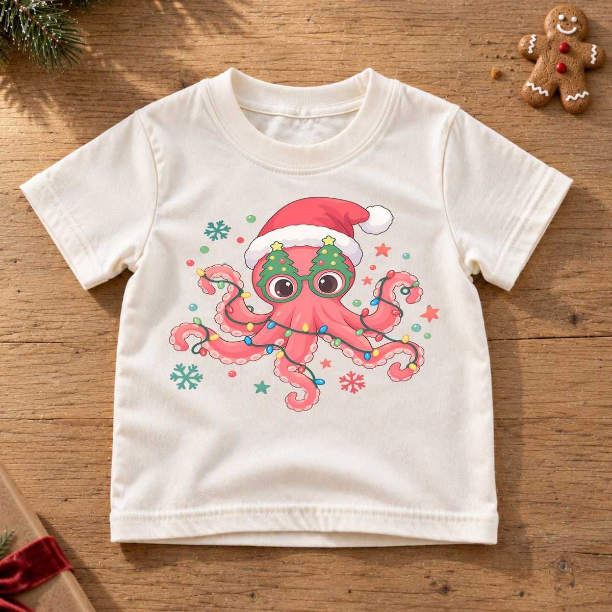 Christmas Octopus Kids T-Shirt, Cute Santa Octopus Holiday Shirt, Funny Ocean Animal Christmas Outfit, Toddler Xmas Gift — product view 6