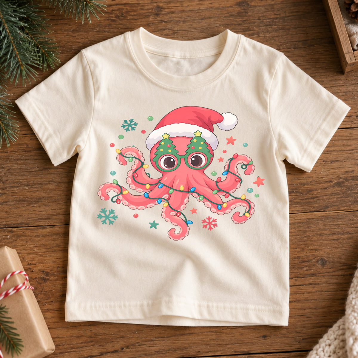Christmas Octopus Kids T-Shirt, Cute Santa Octopus Holiday Shirt, Funny Ocean Animal Christmas Outfit, Toddler Xmas Gift — product view 7