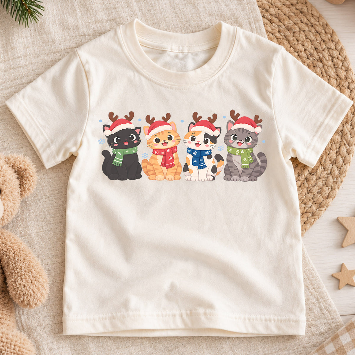 Christmas Cat Kids T-Shirt, Cute Santa Cats with Reindeer Antlers, Festive Kitten Holiday Shirt, Toddler Xmas Gift — product view 1