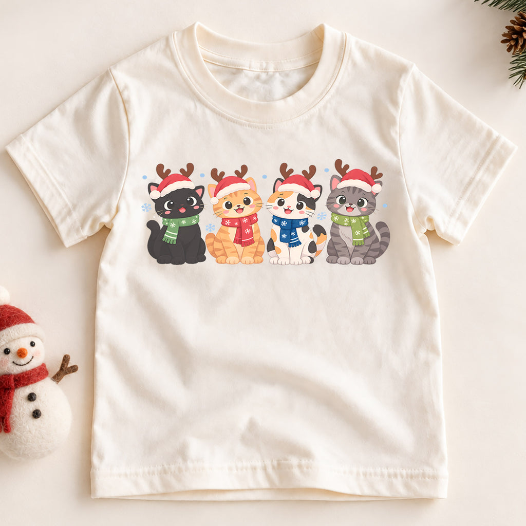Christmas Cat Kids T-Shirt, Cute Santa Cats with Reindeer Antlers, Festive Kitten Holiday Shirt, Toddler Xmas Gift — product view 2