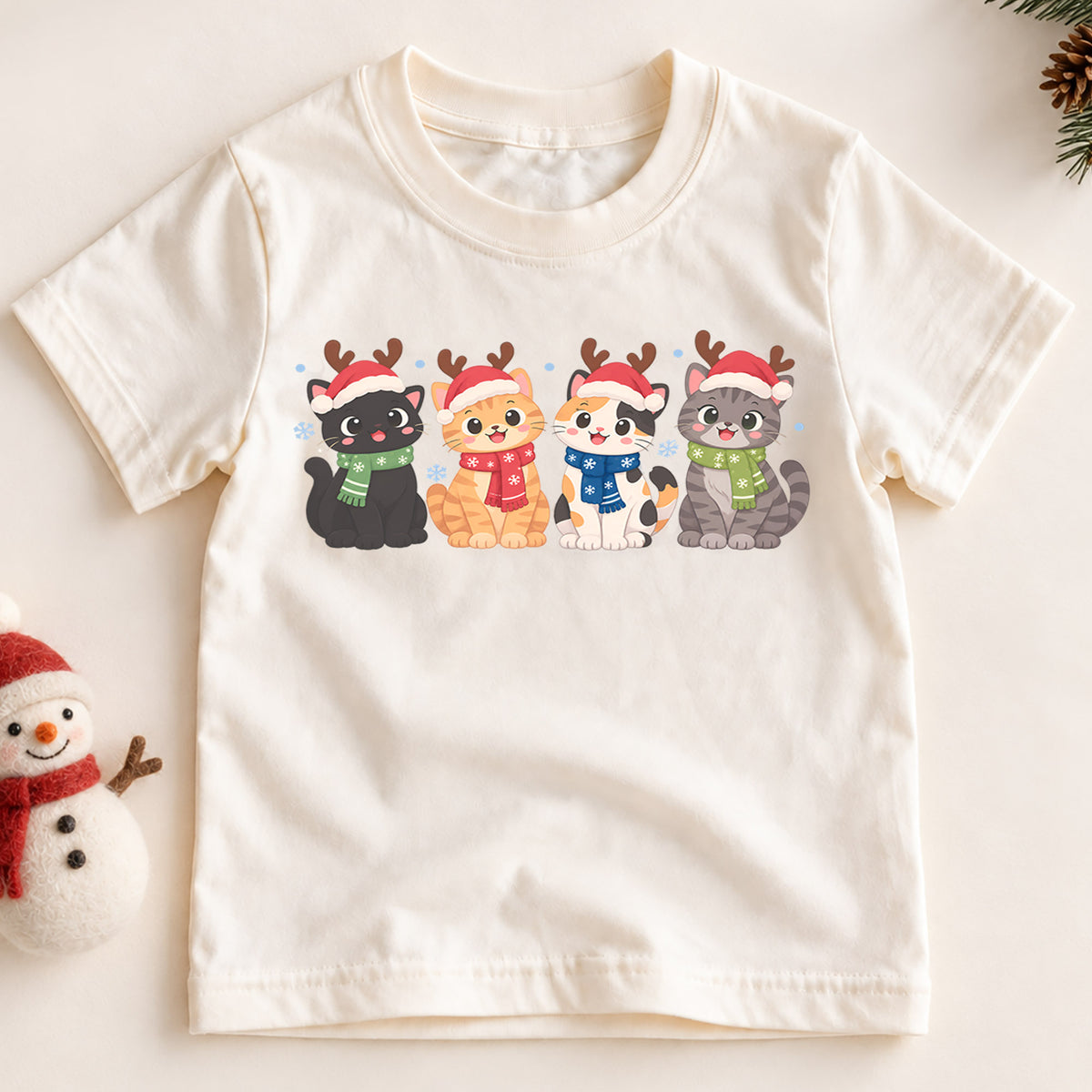 Christmas Cat Kids T-Shirt, Cute Santa Cats with Reindeer Antlers, Festive Kitten Holiday Shirt, Toddler Xmas Gift — product view 2