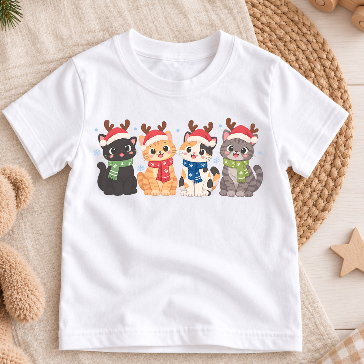 Christmas Cat Kids T-Shirt, Cute Santa Cats with Reindeer Antlers, Festive Kitten Holiday Shirt, Toddler Xmas Gift — product view 3