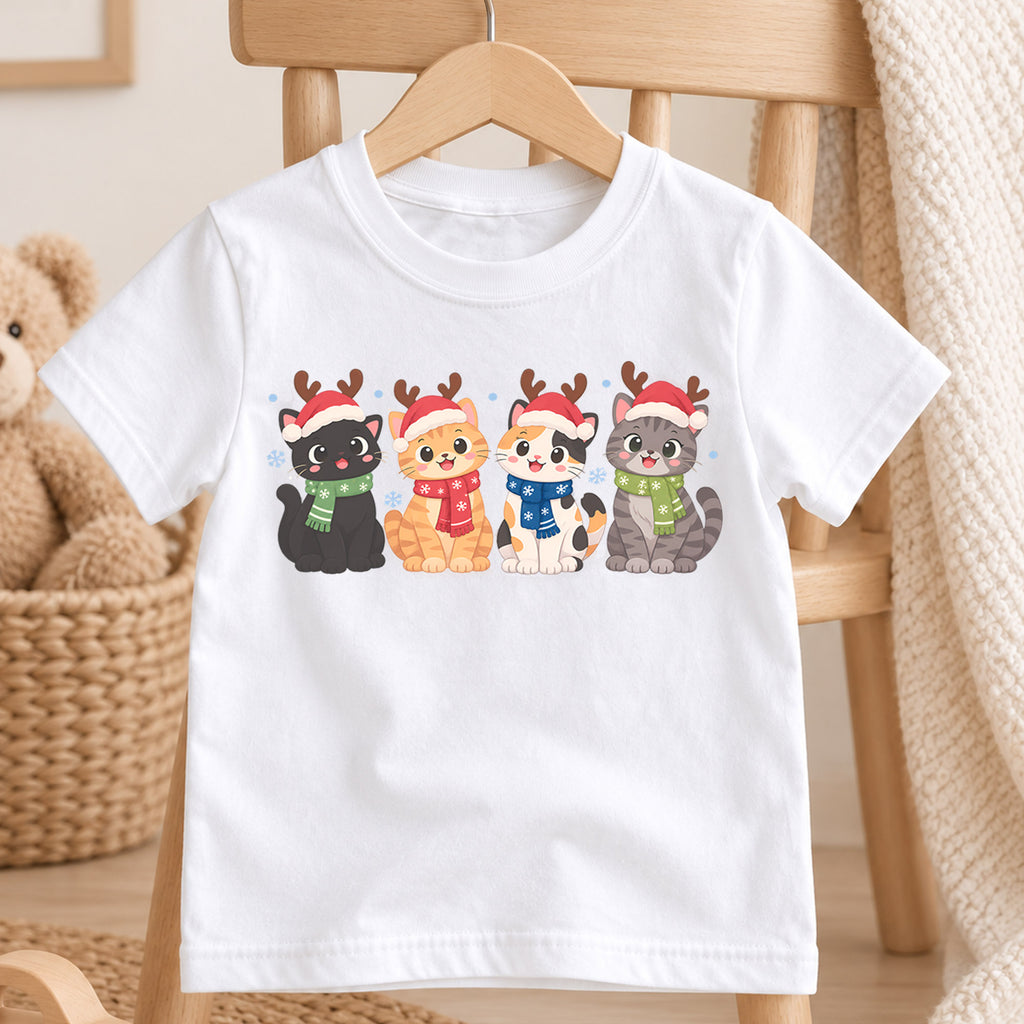 Christmas Cat Kids T-Shirt, Cute Santa Cats with Reindeer Antlers, Festive Kitten Holiday Shirt, Toddler Xmas Gift — product view 4