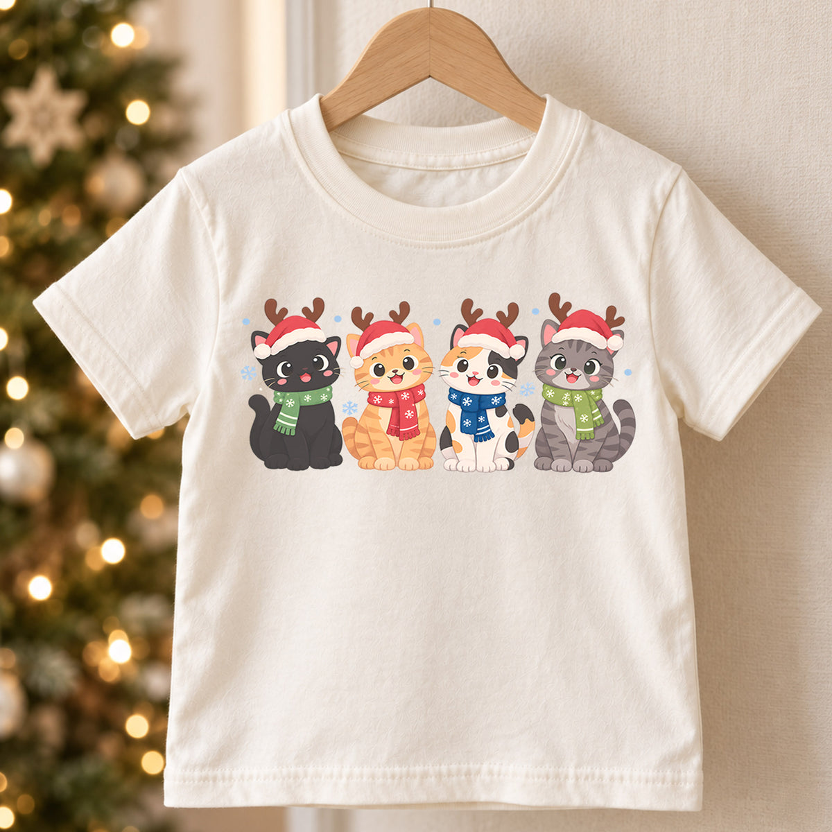 Christmas Cat Kids T-Shirt, Cute Santa Cats with Reindeer Antlers, Festive Kitten Holiday Shirt, Toddler Xmas Gift — product view 5