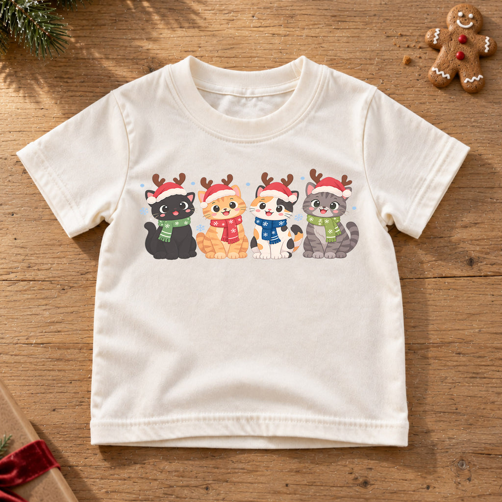 Christmas Cat Kids T-Shirt, Cute Santa Cats with Reindeer Antlers, Festive Kitten Holiday Shirt, Toddler Xmas Gift — product view 6