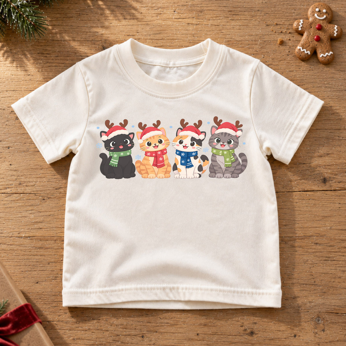 Christmas Cat Kids T-Shirt, Cute Santa Cats with Reindeer Antlers, Festive Kitten Holiday Shirt, Toddler Xmas Gift — product view 6