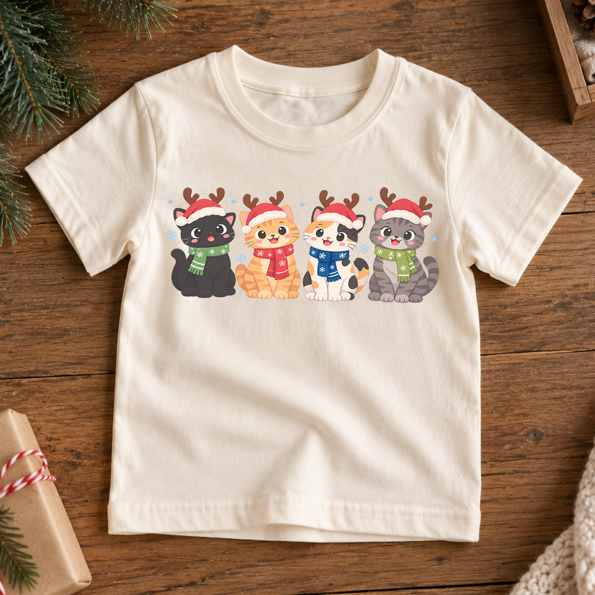 Christmas Cat Kids T-Shirt, Cute Santa Cats with Reindeer Antlers, Festive Kitten Holiday Shirt, Toddler Xmas Gift — product view 7