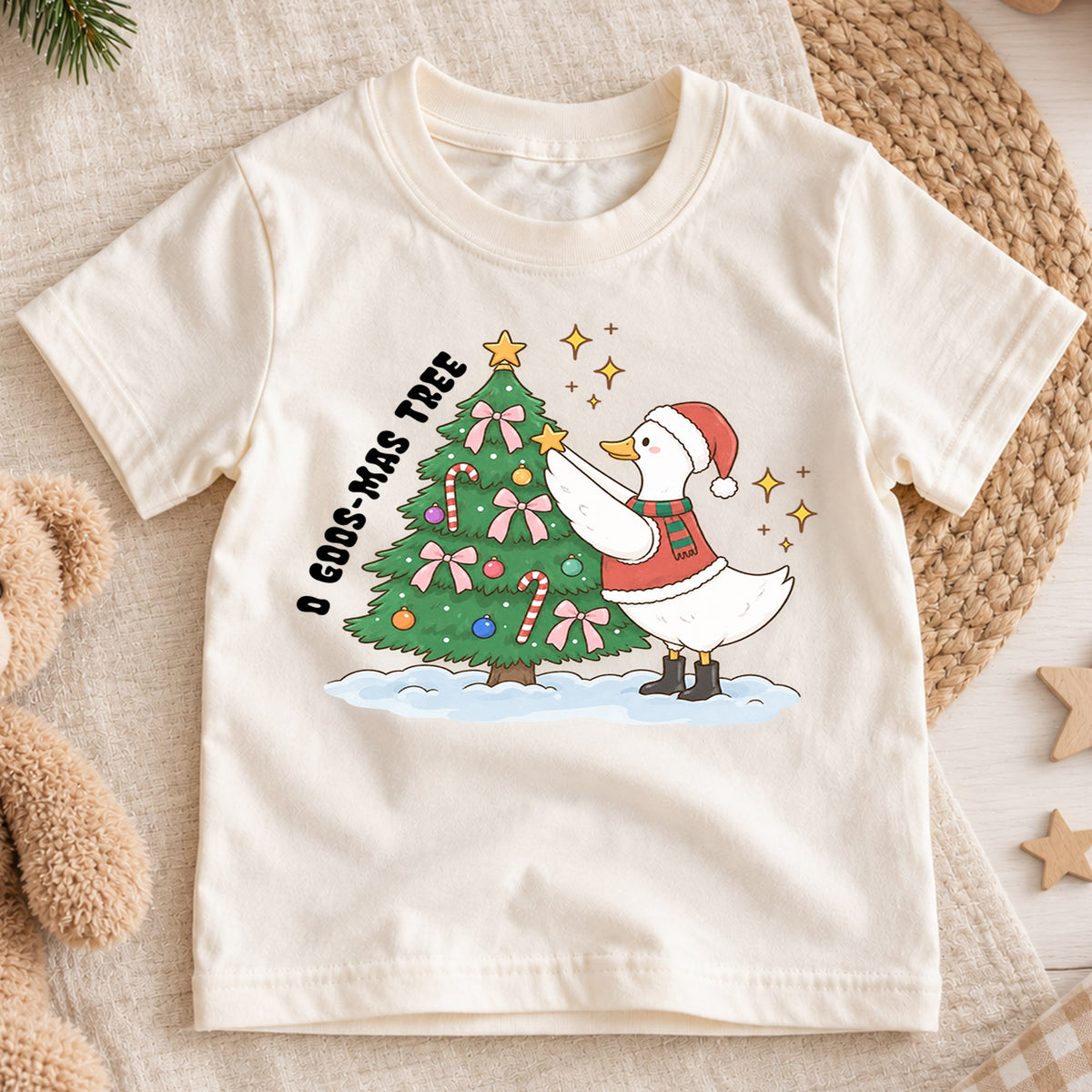 O Goose-Mas Tree Shirt, Funny Christmas Duck Tree Decorating T-Shirt, Cute Holiday Toddler Tee, Whimsical Xmas Graphic Top, Winter Kid Gift — product view 1