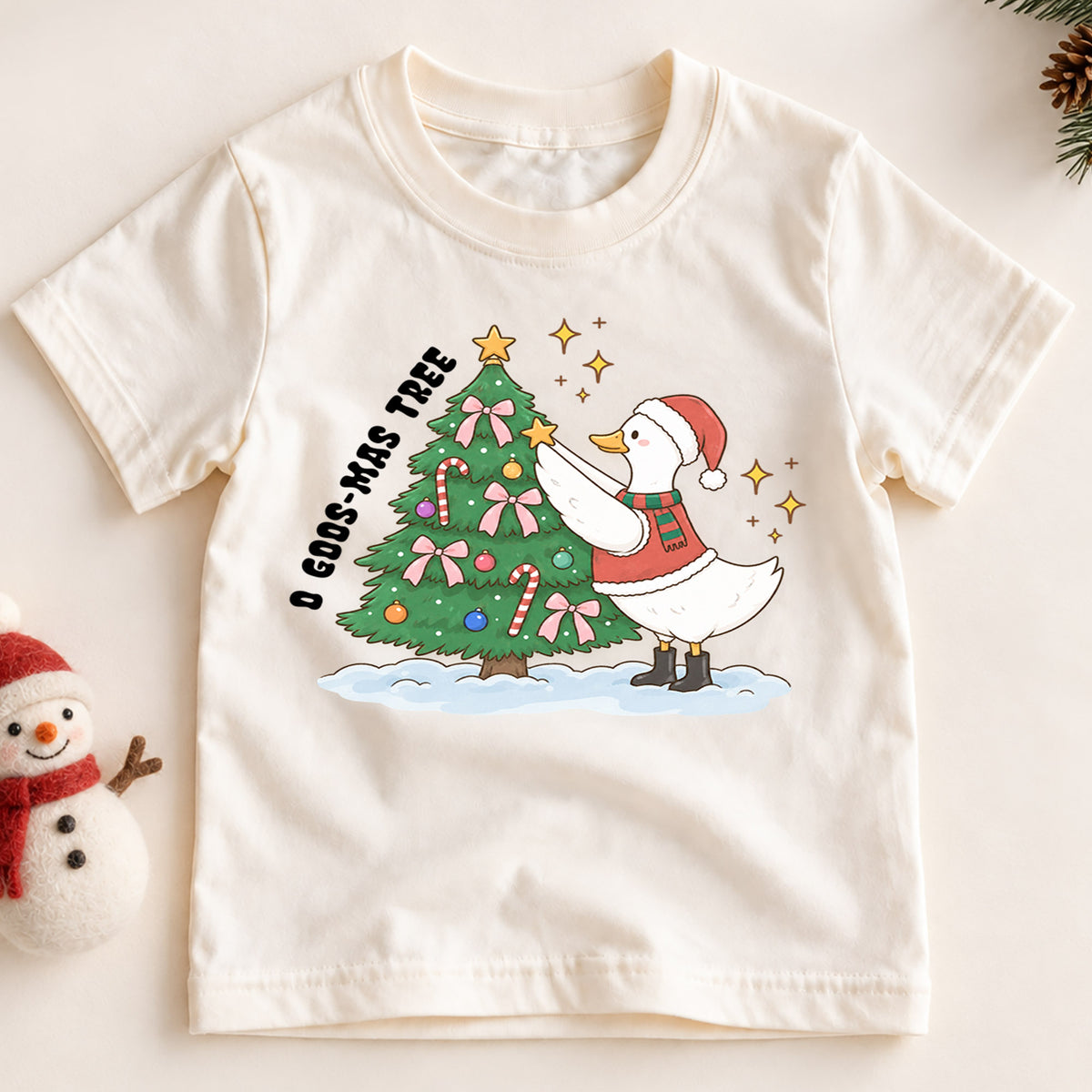 O Goose-Mas Tree Shirt, Funny Christmas Duck Tree Decorating T-Shirt, Cute Holiday Toddler Tee, Whimsical Xmas Graphic Top, Winter Kid Gift — product view 2