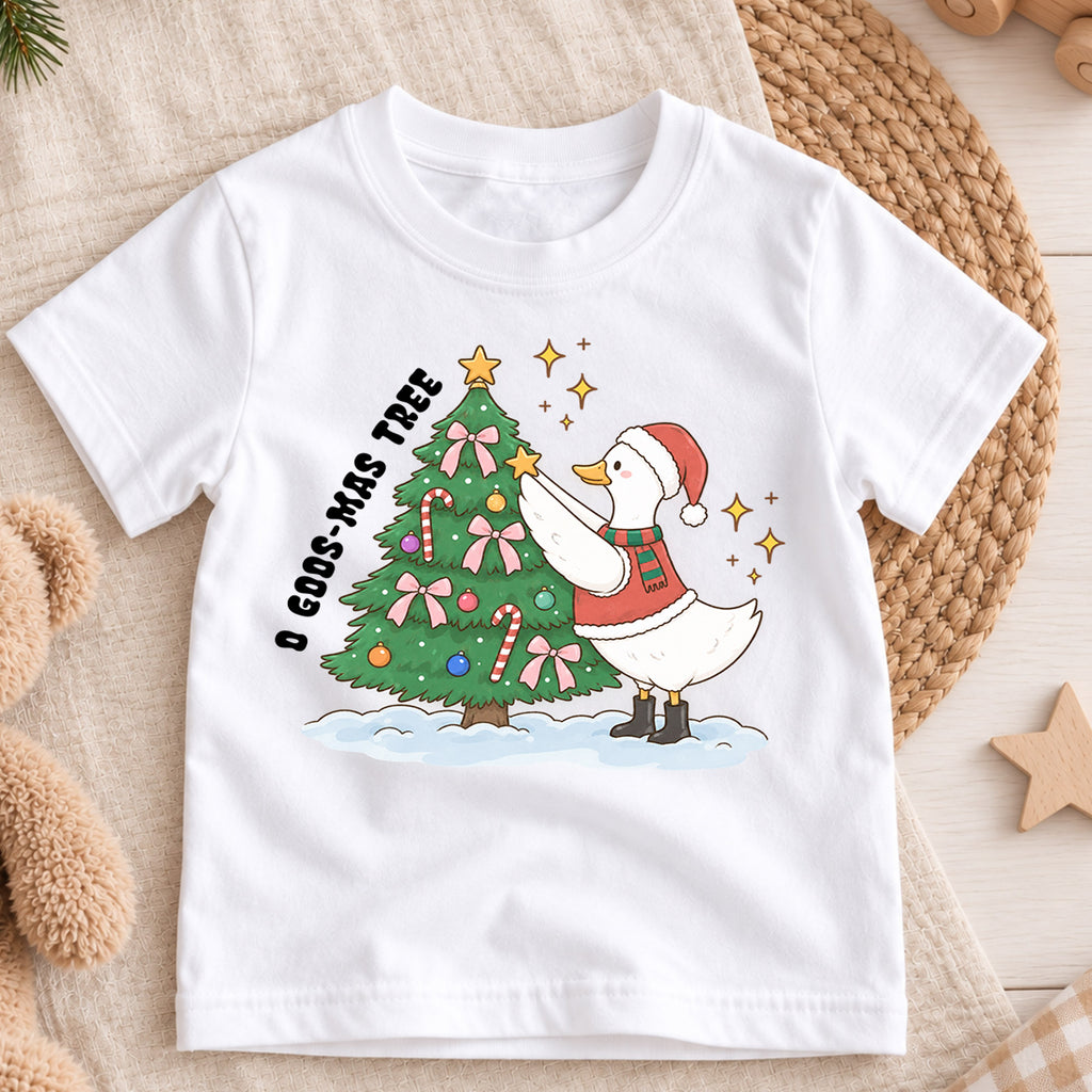 O Goose-Mas Tree Shirt, Funny Christmas Duck Tree Decorating T-Shirt, Cute Holiday Toddler Tee, Whimsical Xmas Graphic Top, Winter Kid Gift — product view 3