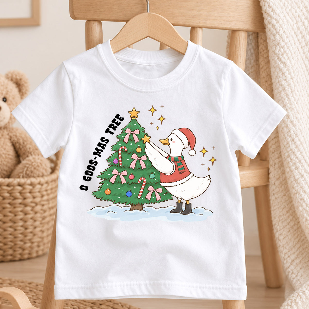 O Goose-Mas Tree Shirt, Funny Christmas Duck Tree Decorating T-Shirt, Cute Holiday Toddler Tee, Whimsical Xmas Graphic Top, Winter Kid Gift — product view 4